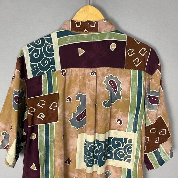 Vintage Batik Shirt Men Paisley Abstract Button-Up Rayon Short Sleeve Size Large - Picture 6 of 12